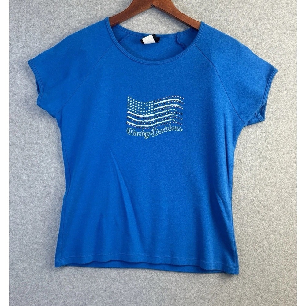 VTG 2007 Harley-Davidson Blue Rhinestone Flag T-Shirt Sz M Made in USA Harv's NY